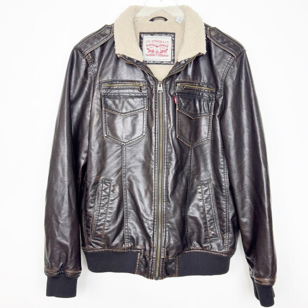 Levi's Men's Sherpa Lined Faux Leather Dark Brown Aviator Bomber Jacket M